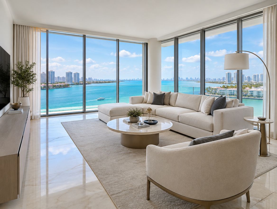 The show apartment’s living room, its tall windows facing the lagoon