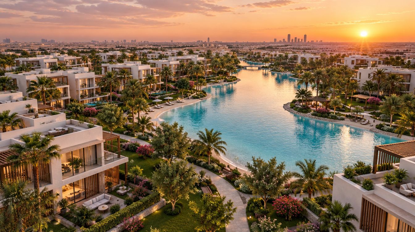 An aerial rendering of the compound and its lagoon at sunset